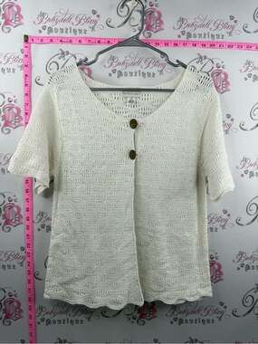 NORTHERN ISLES cardigan knit Crochet Button-Front Short Sleeve Top - White